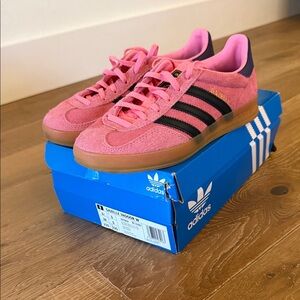 Adidas Gazelle Pink with Black Stripes and purple